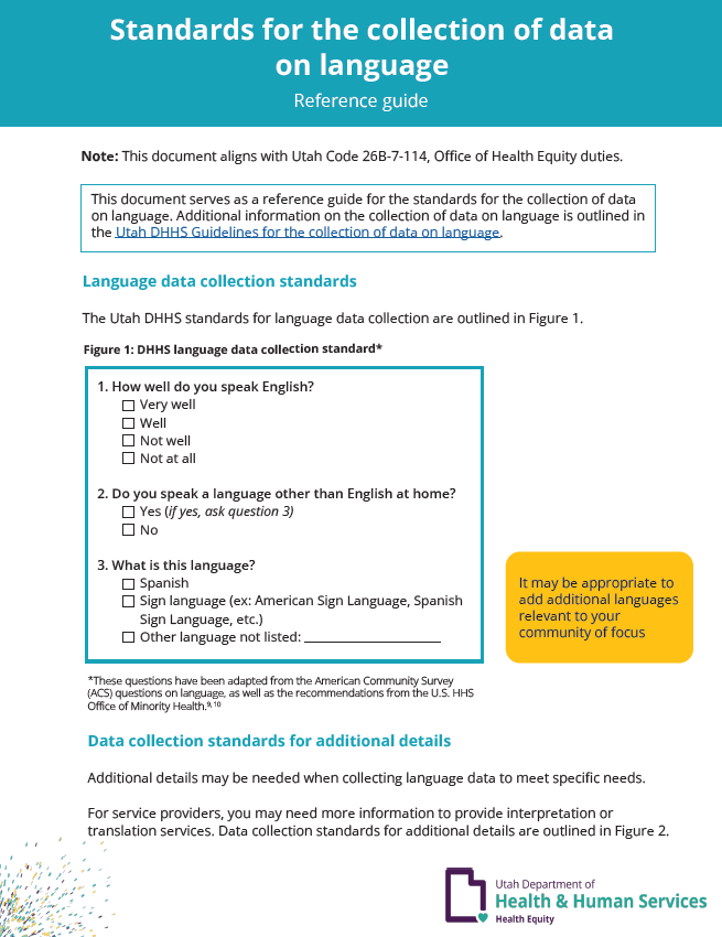 Standards for the collection of data on language. Reference guide.