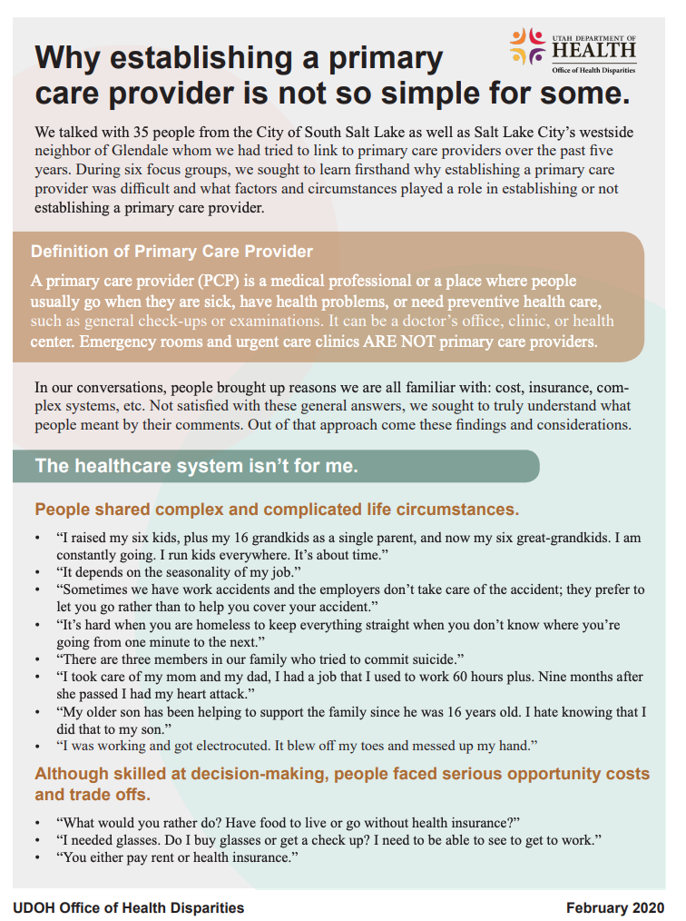 Fact sheet: Factors affecting access to primary care providers in Utah, February 2020.